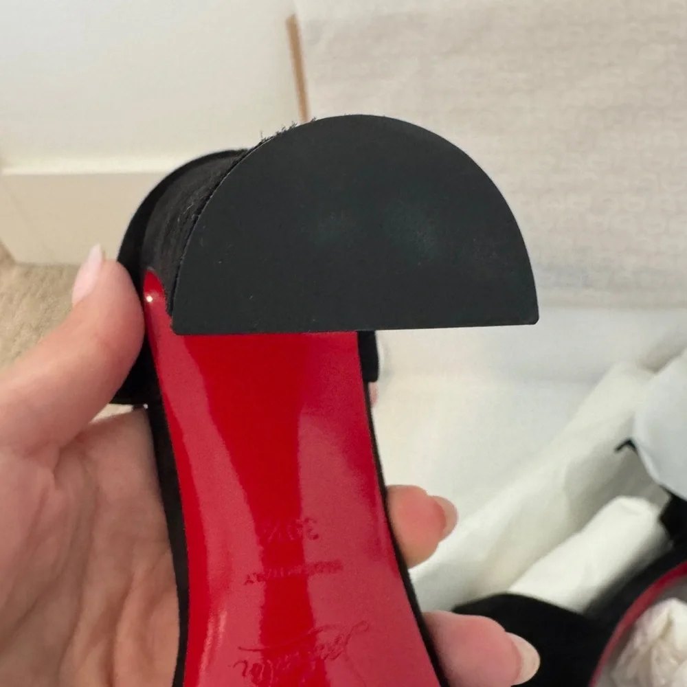 Christian Louboutin Black Suede Platform Peep-Toe Heels with Red Sole